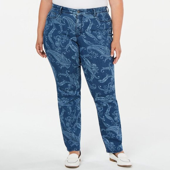 Charter Club Womens Plus Printed Straight Leg High Rise Tummy Control Jeans Blue - Picture 1 of 6